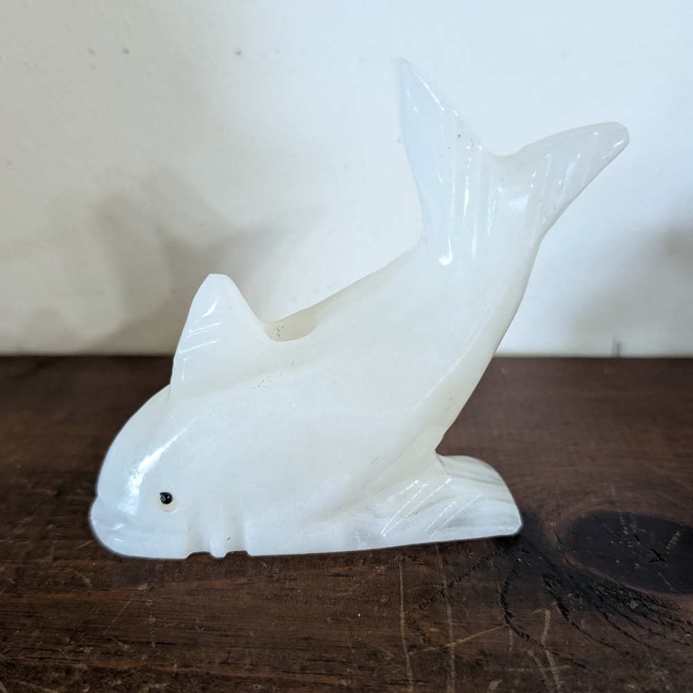 Vintage "Happy Fish" Figure Dolphin Pen holder Marble Onyx Hand Carved Decor